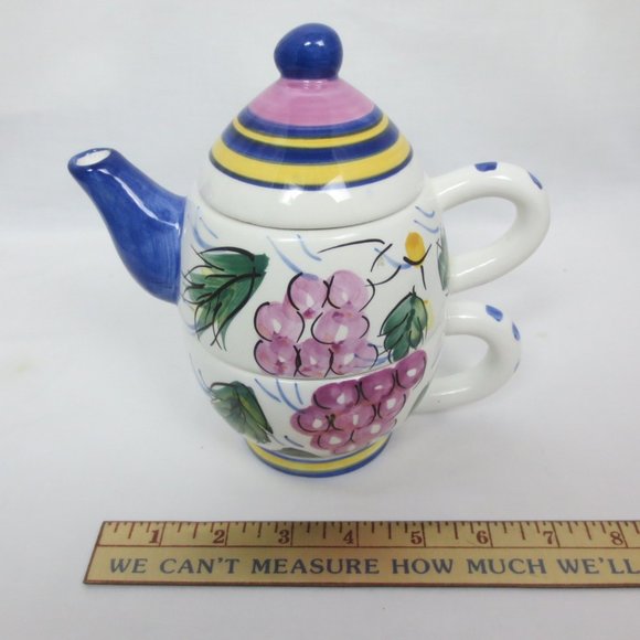 New Bella Casa Teapot Lid Cup Set by Ganz Tea 4 One White Colorful Fruit Design - Picture 9 of 10